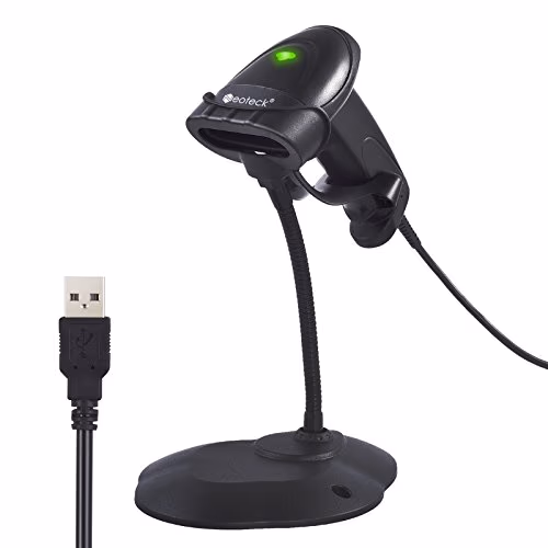 Neoteck Barcode Scanner Lecteur de code-barres USB Automatique avec longue portée Laser à haute vitesse POS Scanner pistolet mains libres et support réglable Compatible avec Mac Win10 Win7.1 iOS7-Noir