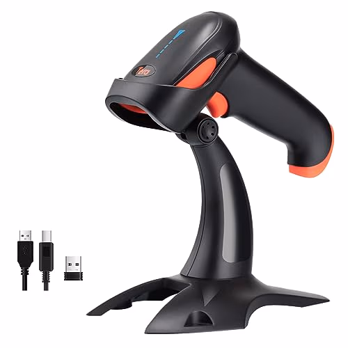 Tera Pro Lecteur de Code à Barres Bluetooth sans Fil 2.4GHz 1D/2D Douchette de Code Barres avec USB2.0 Scan Automatique Rapide et Précis, Support Mains Libres, HW0002 Corail