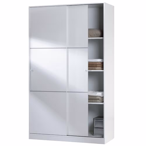 Habitdesign Armoire 2 portes coulissantes, 200 x 120 x 50 cm (H x l x P) Armoire de chambre avec tringle et étagères Blanc brillant