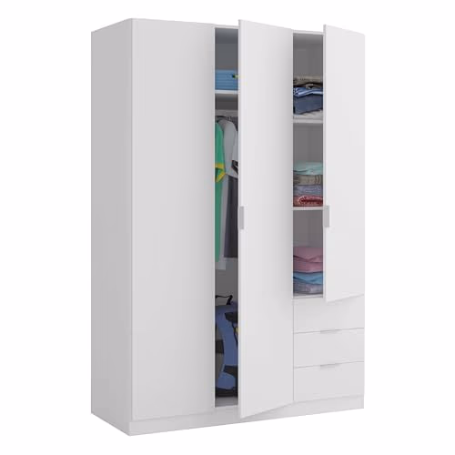 Habitdesign Armoire penderie 3 portes et 3 tiroirs, 121 x 180 x 52 cm (largeur x hauteur x profondeur - en cm) Blanc « Artik »